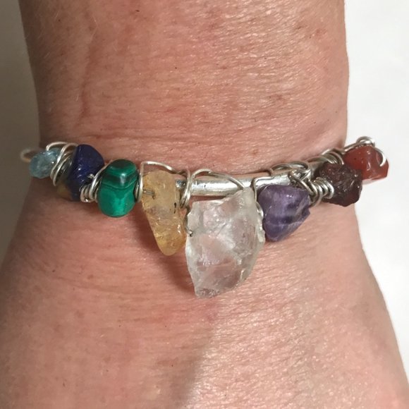 Conceptual Subculture Jewelry - Chakra Sterling Silver 925 Cuff Bracelet Reiki Garnet Citrine Amethyst Gemstone
